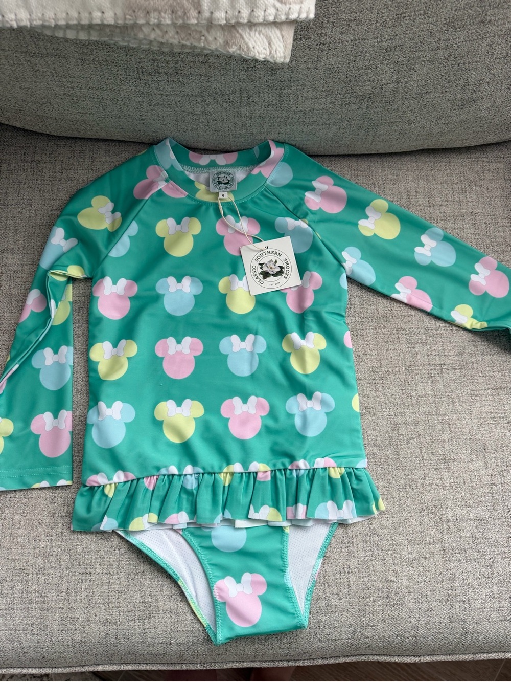 Girls' Teal Ruffle Long-Sleeve Swim Rashguard Set with Pastel Bow Mouse Print